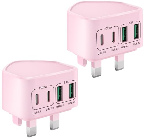 2-Pack USB C Plug UK, Multi USB Plug Fast Charger Plug for iPhone 16 15 14 13 12 11 Pro Max Plus, iPad, Samsung, 40W 4-Port USBC Plug Fast Charge Dual Port Type C PD Power Adapter Charging Plug