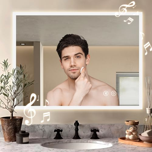 YOLEO LED Bathroom Mirror, 70 x 50 cm, Wall Mounted, Bluetooth, 3 Colour Dimmable, Anti-Fog, Touch Control