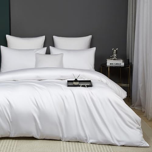 Luofanfei Bettwäsche 135x200 Baumwolle Weiß Kühlend Mako Satin Sommer | Glatt Luxus Muster Atmungsaktiv Bettwäscheset Weich und Bügelfrei Uni Bettbezug Einzelbett und Kissenbezug 80x80 cm