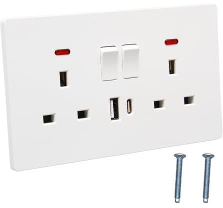 Double Switched Wall Plug Socket with USB C and USB A Charging Ports, UK Standard Electrical Power Outlets, 2 Gang 13A, 12W Super Fast Charging, White