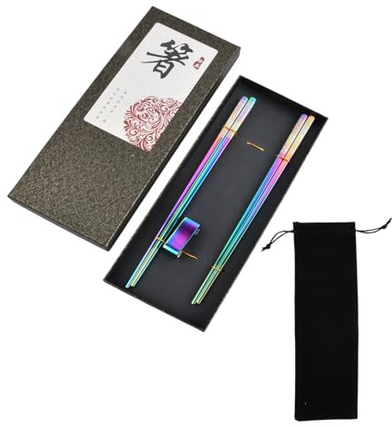 Palillos Chinos Reutilizables Acero Inoxidable, 2 Pares Palillos con Soporte y Bolsa de Viaje, Set de Regalo Elegante Aptos para Lavavajillas y Uso Diario