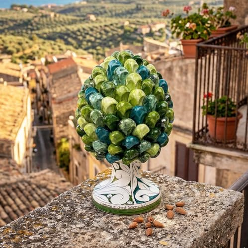 Mondocreazioni Pigna in Ceramica Siciliana di Caltagirone, Decorata a Mano, Multicolor, Stile Tradizionale Siciliano (Verde, H 30 CM)