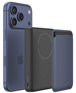 Belkin BoostCharge 10000mAh Magnetische Power Bank mit Magnetring – Schwarz | 10K Kabelloses Ladegerät, Magnetring zum Befestigen von Zubehör, 2 USB C Ports, Bereits Geladen, inkl. Kabel