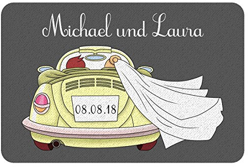 Geschenke 24 Fußmatte zur Hochzeit mit Automotiv in Gelb: Fußabtreter mit Namen von Braut und Bräutigam + Hochzeitsdatum personalisiert