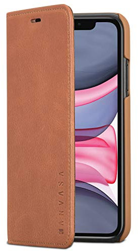 KANVASA Lederhülle iPhone 11 Leder Case Braun Ledertasche Pro Luxus Echtleder Hülle Tasche Flip Cover für das Original iPhone 11 (6,1 Zoll) - Schlankes Design mit Magnetverschluss
