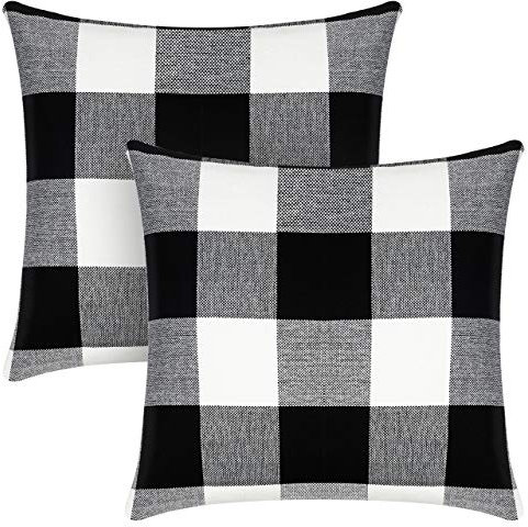 Syntus Set von 2 Buffalo Check Throw Pillow Covers Farmhouse Outdoor Plaid Square Pillow Case Black and White Cotton Linen for Home Easter Decor Car Bed Sofa 45,7 x 45,7 cm