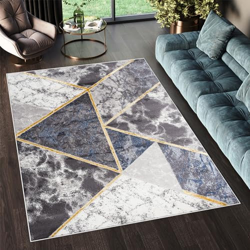 TAPISO Shine Teppich Kurzflor Dunkelgrau Goldene Linien Marmor Geometrisch Dreiecke Wohnzimmer Schlafzimmer 3D Optik Modern Design ÖKOTEX 180 x 250 cm