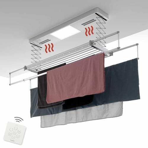 foxydry Pro Étendoir à linge de plafond chauffant, étendoir télécommandé avec ventilation chaude en aluminium et acier pour draps 122 x 52 x 30 cm (120)