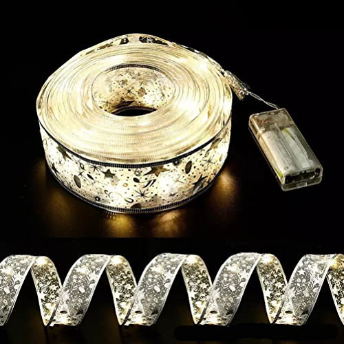 CaCaCook Lichterketten mit glänzendem Band, Lichterkette Weihnachten, 5 m, Weihnachtsbaum, LED, Bogen aus Spitze, DIY, batteriebetrieben, Weihnachtsdekoration, Weihnachtsbaum,