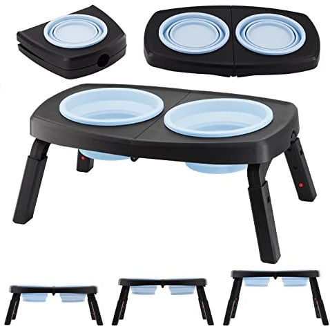 SIMMOUDE Elevated Dog Bowls for Large Dogs Medium Pet, Collapsible 2 Raised Dog Food Water Bowl with Stand 3 Adjustable Heights 7.4/8.9/10.2, Feeding Diner Table Portable Outdoor Travel Black Blue
