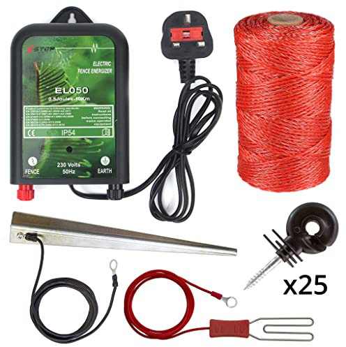 230v Mains Powered Electric Fence Energiser XSTOP EL90 10Km Range 0.5 Joule Output with 200m Polywire and 25 Isolator Screws, Weatherproof Kit Includes Leads and Earth Stake