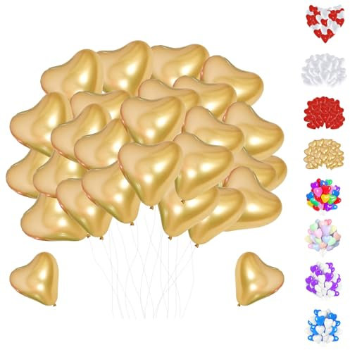 50 Pcs Latex Herz Ballon Gold, 12 Zoll Herz Luftballons, Herzluftballons, Herz Helium Ballons, Herzluftballons Hochzeit für Hochzeits Brautdusche Valentinstag Geburtstags Verlobung Party Deko