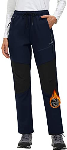 MOCOLY Damen Wanderhose Winter Fleece Gefütterte Warm Trekkinghose Softshellhose wasserdichte Thermo Outdoor Hosen Skihose Schneehose Jagdhose Funktionshose Arbeitshose mit Taschen Navy Blau S