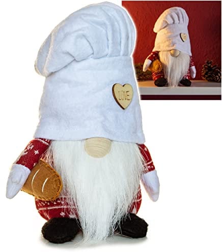 alles-meine.de GmbH lustiger Wichtel/Zwerg 21 cm groß Bäcker/Koch mit Brot - für Sommer & Winter - Weihnachten - Plüschtier/Kantenhocker/Türstopper - Kochmütze - Wei..