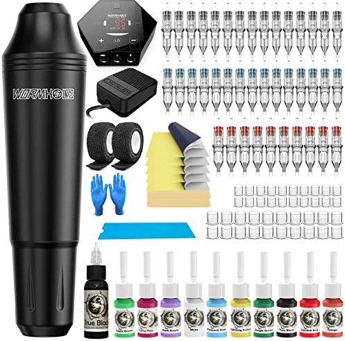 Wormhole Tattoo Maschine Set Tattoo Set Rotary Tattoo Maschine Kit Netzteil 40 Tattoo Nnadeln 11 Tattoo Tinte 40 Tattoo Tintenkappen Tattoo Maschine TK108A