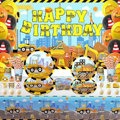 Konstruktion Party Geschirr Set– Teller HAPPY BIRTHDAY Hintergrund , Tassen, Trinkhalme, Servietten, Luftballons, Kuchenaufsätze, Tischdecke, Folienballon, für 20 Gäste Kindergeburtstag Dekorationen