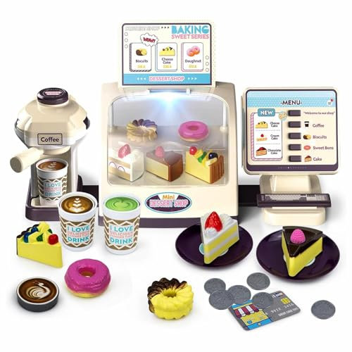 Coo11 Kids Desert Shop Playset with Coffee Maker Toy, Realistic Light & Sound POS Machine, Cake, Pastry, Food Display Rack, Pretend Play Educational & Fun Toy Set for Toddlers Ages 3+