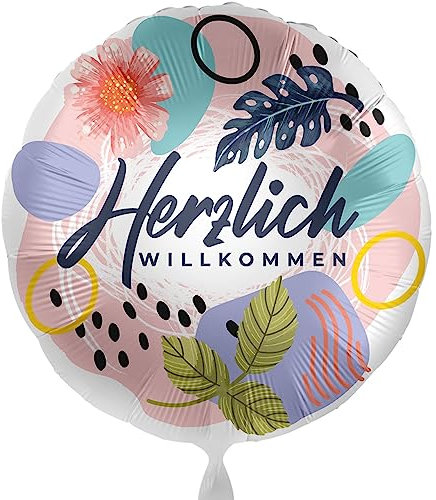Ballon Herzlich Willkommen Folienballon Willkommen Party Geburtstag Party Dekoration Ballon bunte Blumen -Made in EU- ungefüllt, Helium geeignet