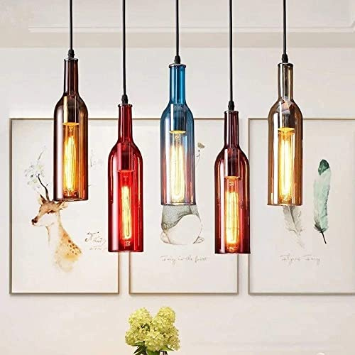 5-Lumière Créative Bouteille De Vin En Verre Coloré Pendentif Lumière Personnalité Restaurant Suspension Luminaire Loft Industriel Café Bar Plafond Luminaires Décoration Lustre Vintage Avec E27 Fit