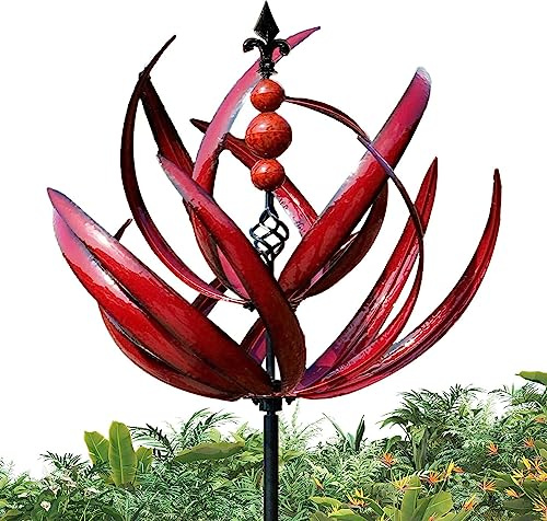 Gartenspinner Windrad - 360 Grad drehbarer Spinner für Windskulptur | Lotus-Windmühle UV-beständig | Windmühle für den Außenbereich aus rotem Metall für Gehwege, Wege