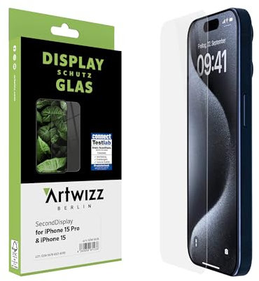 Artwizz SecondDisplay Schutzglas kompatibel für iPhone 16/15 / 15 Pro - HD Displayschutz aus Sicherheitsglas, 9H Härte