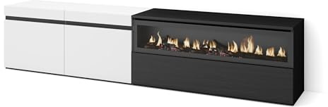 Skraut Home | Mueble TV | Televisión | Muebles de salón, almacenaje | 200x45x35cm | para TV hasta 80 | Chimenea eléctrica | Estilo Moderno | Blanco y Negro