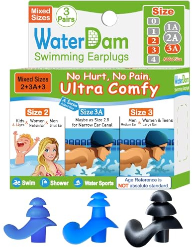 WaterDam Swimming Earplugs Ultra Comfy Great Waterproof Swim Earplugs Prevent Swimmer'sEar (Size 2+3A+3: Small Ear Men Large Ear Teens Women (Blue Blue Black))