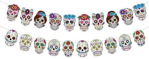 Dia De Los Muertos Totenkopf-Wimpel, Banner für Männer und Frauen, Zuckerschädel-Girlande, Wimpelkette für Halloween, mexikanische Fiesta, Party, Tag der Toten, 2 Stück