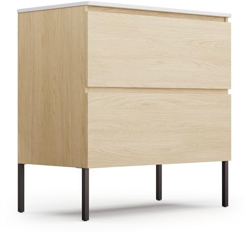 blumfeldt Johnstone Waschbecken mit Unterschrank – natürliches Holzfinish, Keramikbecken, Soft-Close, feuchtigkeitsbeständig, geräumige Schubladen, einfache Selbstmontage – inklusive Füßen