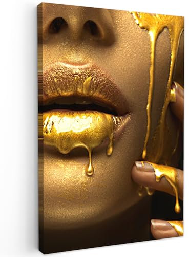 MuchoWow© Leinwandbild Groß 80x120 cm XXL Dekoration Wohnzimmer Bilder Aufhängen Wall Decoration Living Room Wohnungs Deko Moderne Frau - Gold - Lippen - Porträt