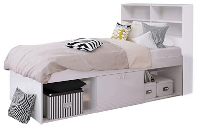 White, Single, Kids Cabin Storage Bed with Bookcase Headboard