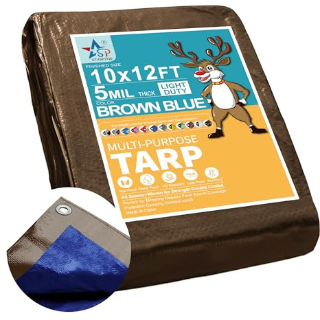 STARPYNG Lona de 5 mil marrón/azul de 10 x 12 pies, lona impermeable multifuncional, impermeable, resistente a los rayos UV, resistente a rasgaduras y roturas, lona de polietileno con bordes