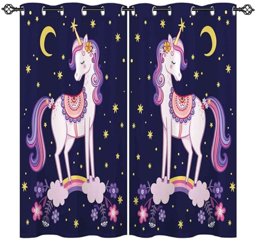 ANHOPE Einhorn Regenbogen Mond Stern Gardinen Blickdichte mit Ösen Kinder Mädchen Thermo Vorhänge Blackout Curtain Vorhang Wohnzimmer Schlafzimmer Verdunklungsvorhänge 2er Set H 160 x B 132 cm
