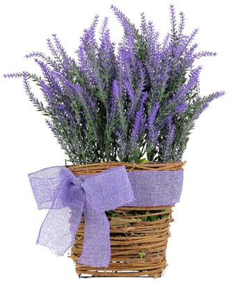 BestAlice Cesta de Flores Artificiales de Lavanda, Flores de Lavanda Sintéticas con Pequeña Caja Tejida, Maceta, Flores Artificiales de Lavanda, Adorno Colgante para Decoración del Hogar