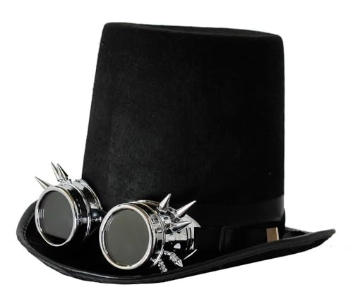 Steampunk Bowler Hut mit silberner Brille, schwarz, für Erwachsene, Gothic-Kostüm, viktorianisches Accessoire, Festival, Halloween