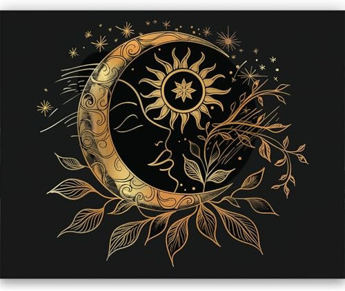 Papier Peint Panoramique Lune Et Soleil Dorés Art GothiquePhoto Murale Chambre Décor, Papier Peint intissé fond pour Chambre D'Enfant Salon Bureau Murale 200 x 140 cm