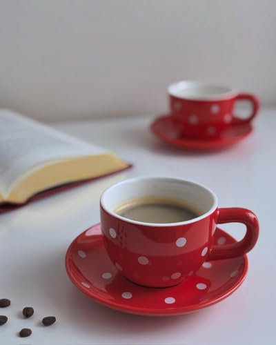 IB Home Red and White Polka Dot Coffee Mug Set of 2 with Saucer, Hand Made Porcelain Cups for Tea, Espresso Cappuccino and Coffee in a Retro Style. Heat Resistent and Dishwasher Safe.