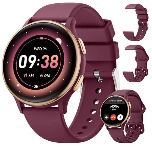 AIMIUVEI Smartwatch Damen mit Telefonfunktion, 1,27 Fitness Tracker 100+ Sportmodi UVI, 24H Pulsuhr/SpO2/Stress/Emotionen, Menstruationszyklus Schlafmonitor, Uhr Damen für iOS Android weinrot