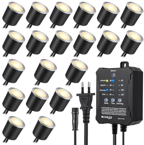 SMY Lighting 20er Dimmbare Terrassen Einbaustrahler LED Aussen, mit Timing und Fotozellensensor, Ø32mm 12V 0,6W Bodeneinbaustrahler Wasserdicht für Garten Holzbrücke Balkon Gehweg, Warmweiß