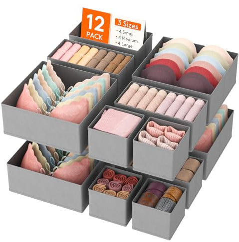 Lifewit 12 Pack Drawer Organizer, Dresser Underwear Drawer Organizer Bins, Foldable Fabric Closet Organizers, Storage Drawer Dividers,Dorm Room Essentials for Clothing, Socks, Towels,Ties Light Gray