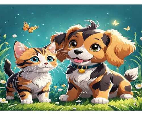 luckyarina Diamond Painting Hund-Diamond Painting Katze,Hund und Katze Diamant Painting Bilder Erwachsene,Diamant Painting Tiere als Geschenk für Home Wand Décor 30x40 CM