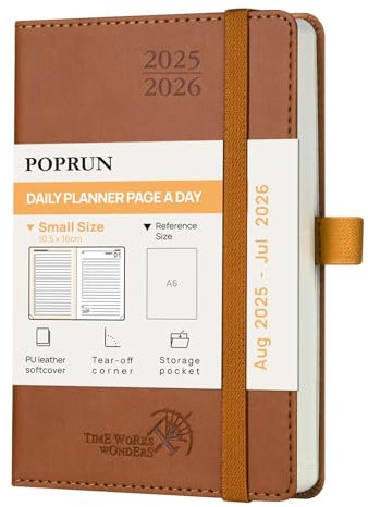 POPRUN Tagesplaner 2025 2026 16 x 10,5 cm, Tageskalender A6 1 Tag 1 Seite (Montag - Sonntag), Terminplaner (Aug.2025-Jul.2026) Softcover mit PU-Leder - Braun