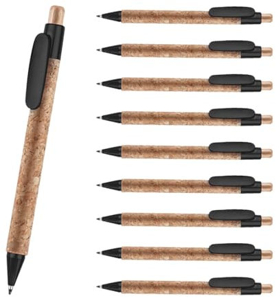 WPRO 10er Set Kugelschreiber aus Kork Kai schwarz | nachhaltige Schreibstifte mit Holz-Kunststoff Mix, einziehbar, blaue Mine, farbiger Clip & Spitze für Büro & Schule