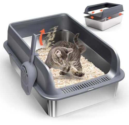 Zvonema Katzenklo, Katzentoilette Edelstahl, Auslaufsichere Katzenklo Groß, Geruchsresistent Katzenklo Hoher Rand, Antihaft Anti-Rutsch Cat Litter Box mit Schaufel, für Katzen, Kaninchen-60x40x25CM