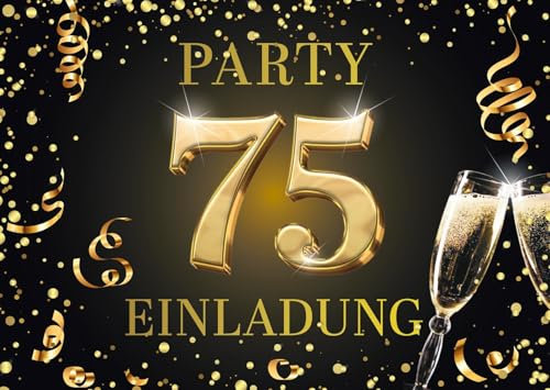 Edition Colibri Einladungskarten zum 75. Geburtstag, 10 Stück, Format A6, Karten-Set, Einladung, zum Beschriften, Party schwarz, gold (11181 DE)