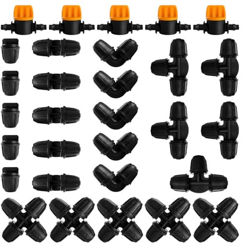 VooGenzek 30 Pezzi Kit di Raccordi per Irrigazione per Tubi per Tubo 4/7 mm, Irrigazione Connettori, con Valvole di Commutazione, Tee, Gomiti, 4 Vie, Diritti, Tappi Terminali