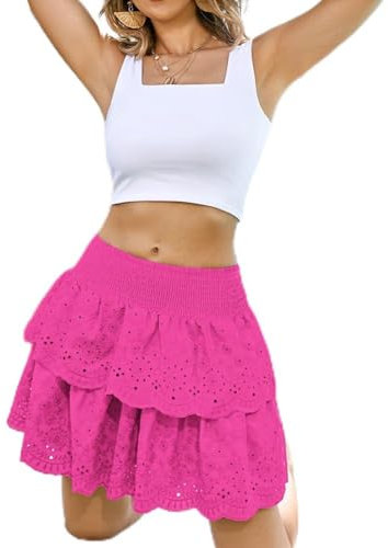 Kate Kasin Damen Stufenminirock Gesmokter Rock Hohe Taille Mittlere-Oberschenkel-Länge A-Linie Silhouette Ausgehöhlt Texturiertes Gewebe Gefüttert Rose XL