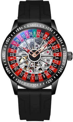 MASTOP Roulette Wheel Mechanische Automatikuhr für Herren mit drehbarem Zifferblatt und hohlem Skelett, Edelstahl, wasserdicht