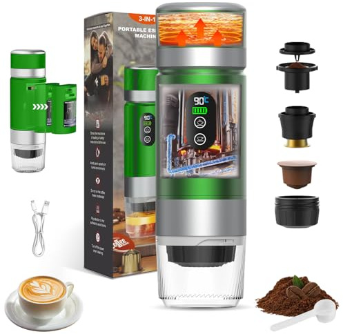 Trywise Tragbare espressomaschine Kaffeemaschine, 3-in-1 Reisekaffeemaschine, Elektrische Heizung, Wiederaufladbare 12V Kaffeemaschine, Kompatibel mit Espressokapseln und gemahlenem Kaffee (Grün)