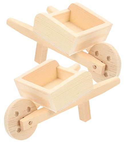 KICHOUSE 2Pcs Mini Wooden Cart Barrows Models Doll House Decor Realistic Design for Home Decoration Creative Miniature Wheelbarrows for Gardens and Playsets Unique present Idea